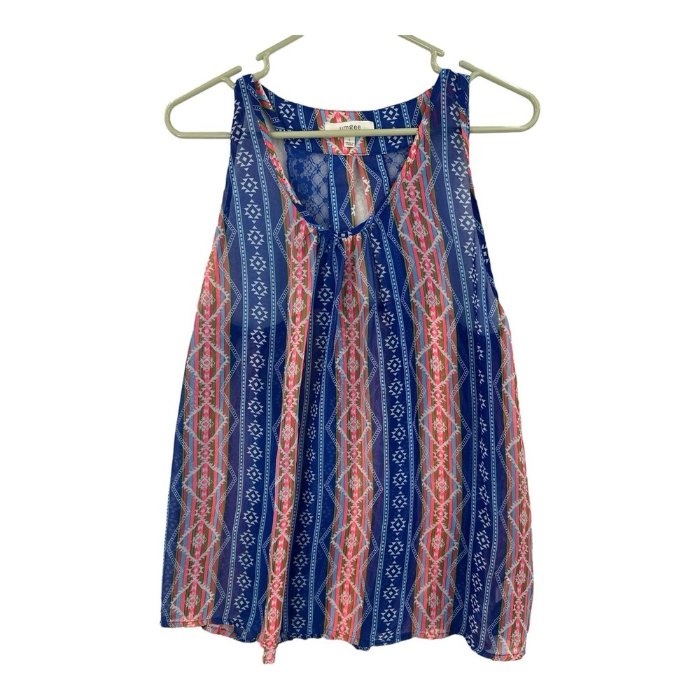Umgee Tank Top Womens Large Blue Tribal Geometric Lace Back Sleeveless J2866